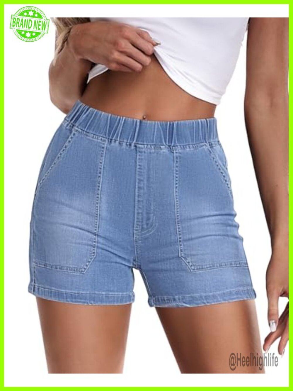 High Waisted Pull On Denim Shorts Stretch Jorts Tummy Control Pockets